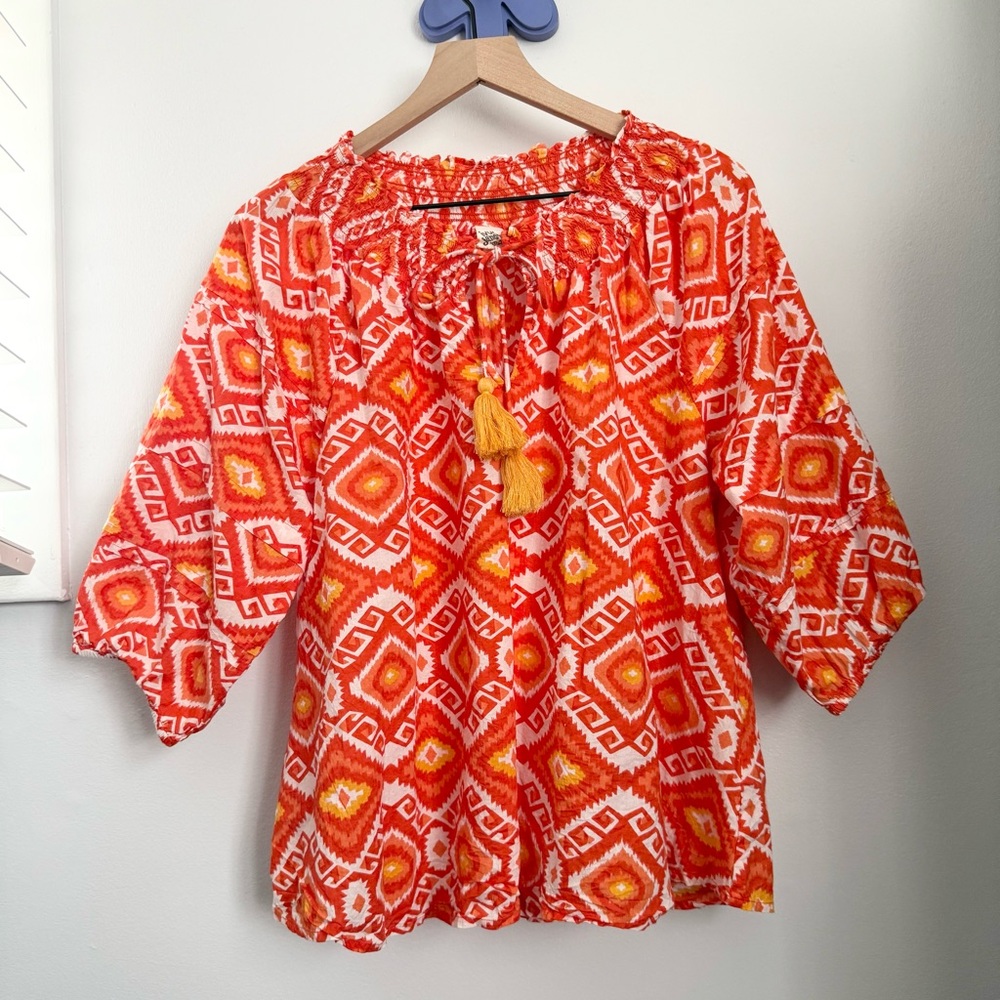 Ivy‎ Jane Small/Medium Orange Aztec Blouse Tie Front Boho Peasant Summer